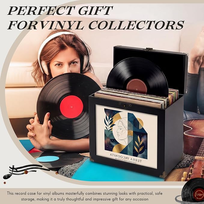 Amyhill Vinyl Record Storage Box with Display Window, Holds 30-35 Single Records 7/10/12 Inch Albums, PU Leather Record Case with Lid & Handle, Water-resistant Lp Storage for Records(Black,Wood)