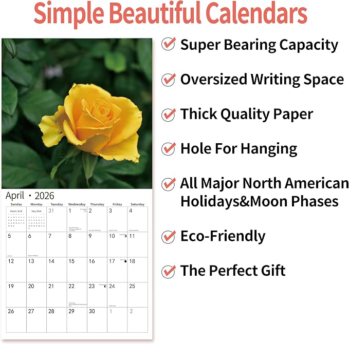 2026 Wall Calendar,Calendar 2026, November 2025 - December 2026, Wall Calendar Roses, 12" x 24" Opened,Full Page Months Thick & Sturdy Paper for Calendar Organizing & Planning