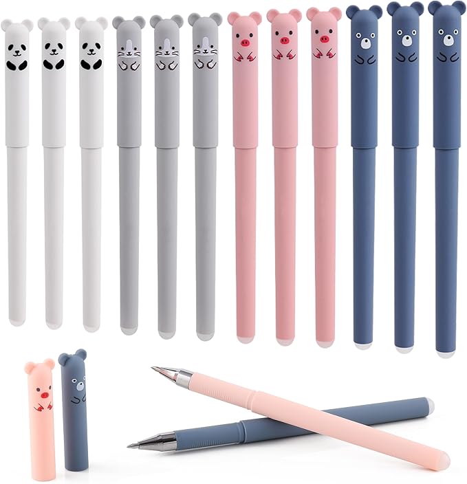 RIANCY 0.4mm Erasable Gel Pens,12 Pack Cute Cartoon Animal Rollerball Gel Ink Pens Refillable Pens for Adult Writing Kids Calligraphy Note Taking (12 Blue Ink)