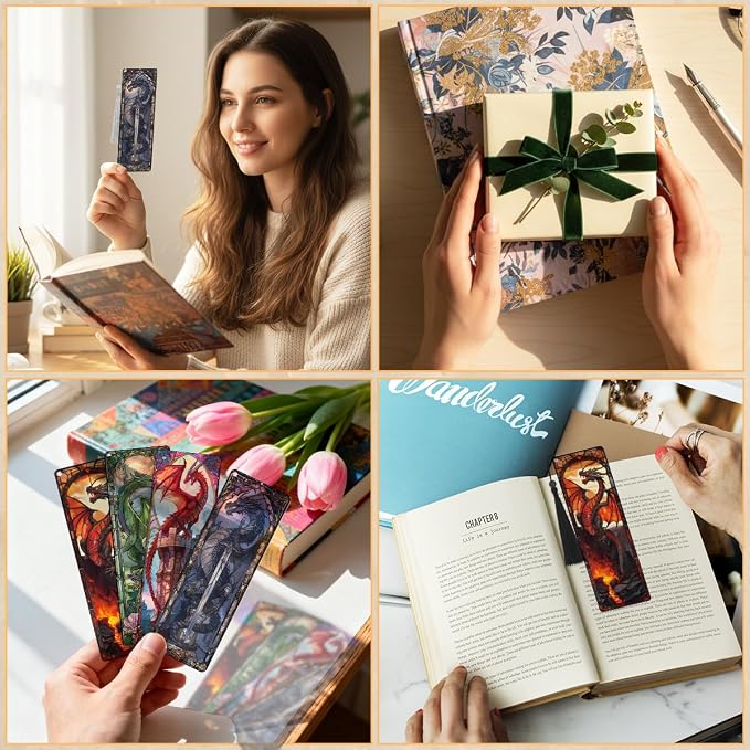 4 Pcs Stained Glass Dragon Bookmarks Gifts for Women Men, Transparent PVC Bookmark with Tassels, Cool Book Lovers Accessories, Unique Reading Book Marks for Bookish Office School