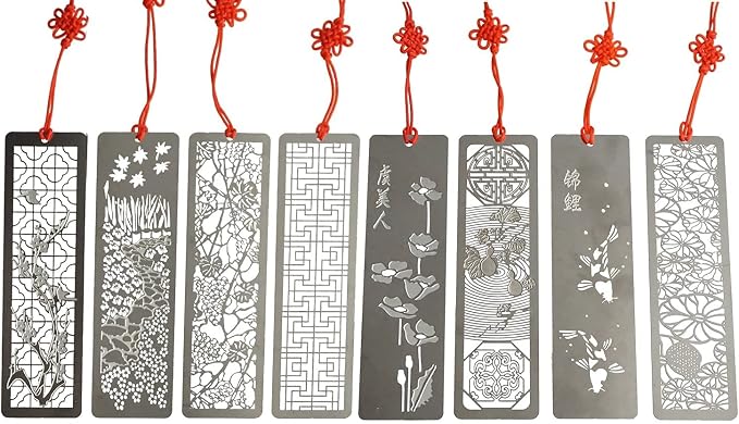 Metal Bookmarks 8 Pcs Hollow Art Stainless Steel Book Mark with Red Enless Knot, Bookmarks Gift for Men Women Book Lovers, Unique Book Marks Accessories