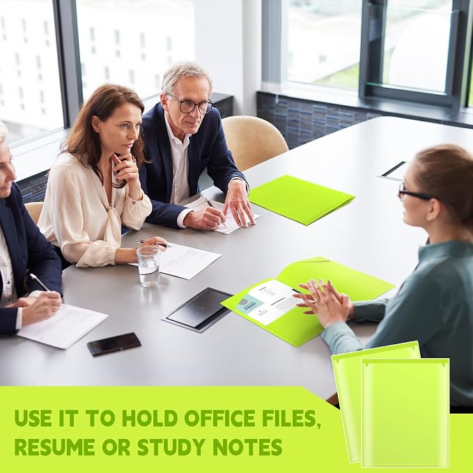 Henoyso 18 Pack Fluorescent Green Plastic Folders with Clear Front Pockets Heavy Duty File Folders with 2 Pockets and Card Slot for Student Communication School Office Presentation Report