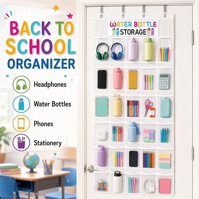 Classroom Headphone Storage Organizer Over the Door Hanging Headphone Storage Bag 30 Clear Organizer Holder Pockets with 2 Stickers 4 Hooks for School Cell Phone Calculators Organization Supplies