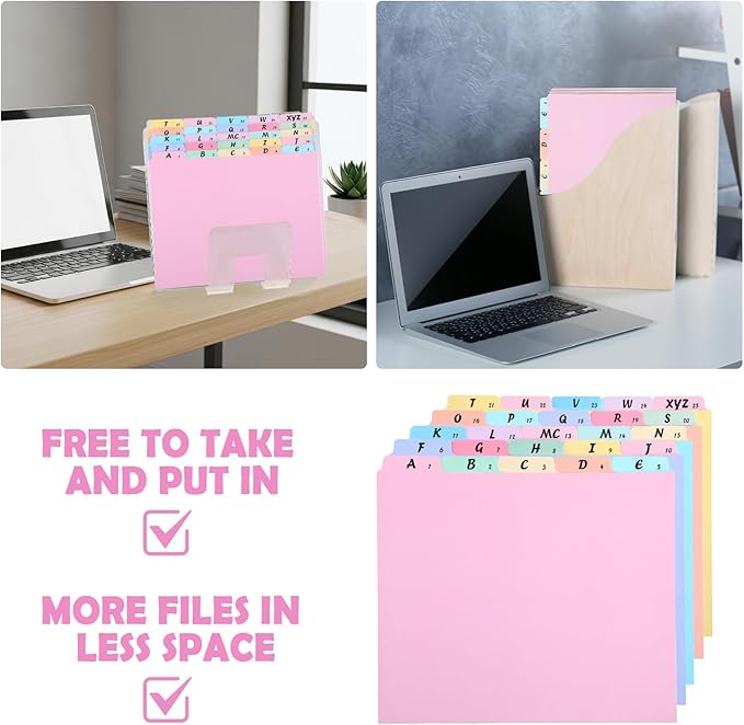 1 Set 25 Alphabet File Dividers A-Z Top Tab File Guides Letter Size 1/5 Cut Tab Alphabetic and Number Files Organizer Filing Cabinet Dividers for Work Office Home School Desk Organizer (Pastel)