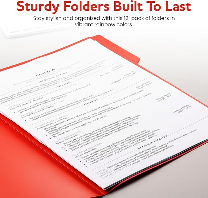 Colored File Folders 12 Pack Assorted Colors, 1/3-Cut Tabs, Letter Size 1/3-Cut Tab File Folders for Office, Home, School, Paper & Organization Filing Cabinets. (Assorted)