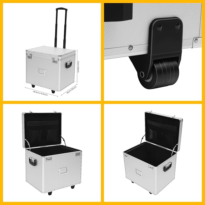 Locking Storage Box, Aluminum Alloy Rolling File Case with Lock, Portable Mobile Luggage Compartment with Wheels & Handle, Secure Confidential Items Organizer for Home Office, 19.2 * 15 * 16in Silver