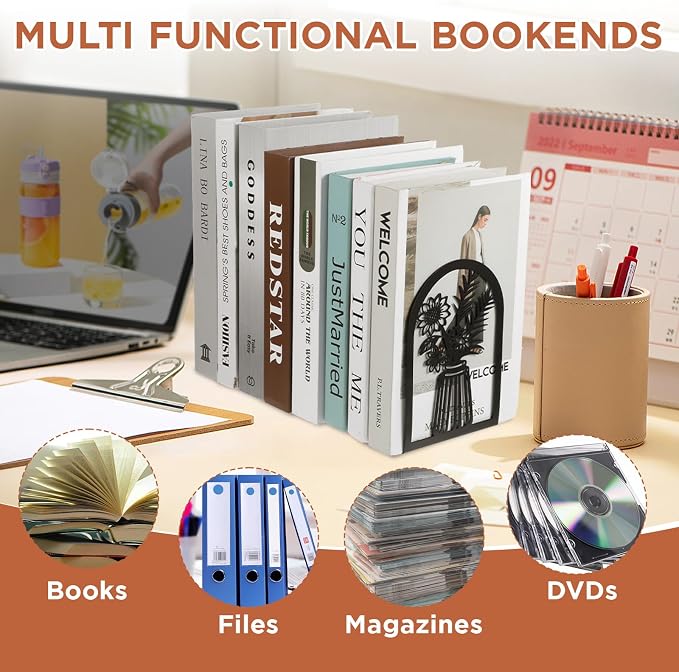 3 Pair Decorative Book Ends for Shelves, Metal Bookends, Heavy Duty Non-Slip Book Stopper for Heavy Books, Shelf Holder Supports for Home Office