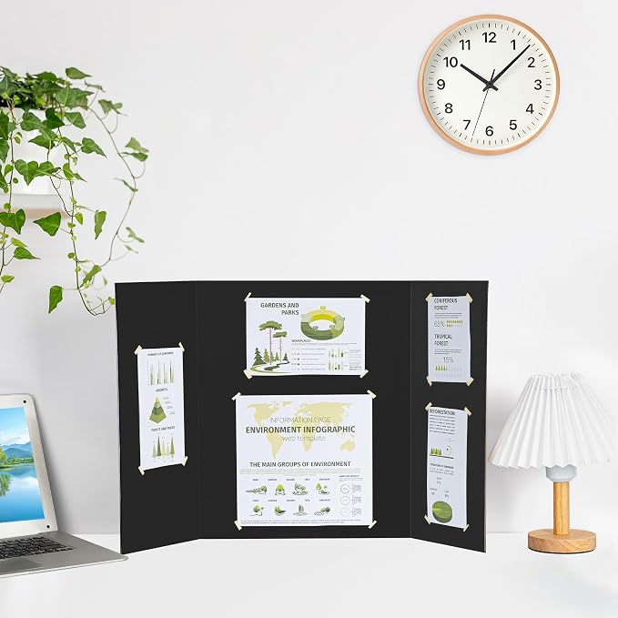 HAUTOCO 12 Pack Trifold Poster Board 26'' x 15.74'' Medium Tri Fold Project Boards Black Corrugated Presentation Cardboard for Science Fairs, School Projects, Event Displays, Business