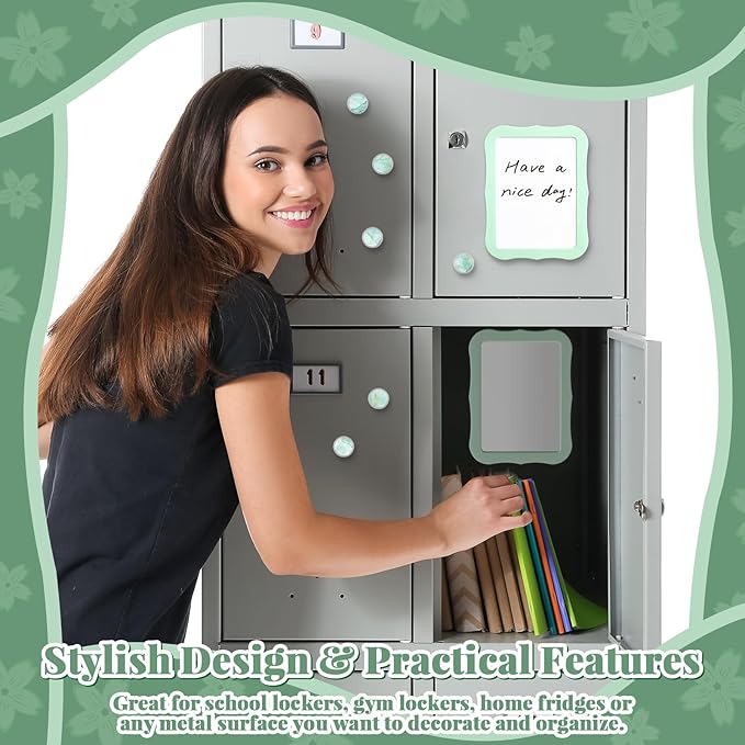 QOUBAI 11 Pcs School Lockers Magnetic Decor Green Locker Accessories Kit with Magnetic Mirror Whiteboard Pen Holder Buckles Lockers Organizer Decorations Locker Essentials for Back to School Supplies