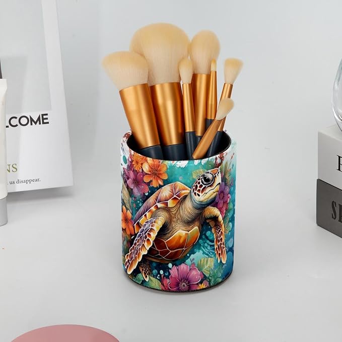 Desk Organizer Pen Holder for Desk, Sea Turtle Flower Pencil Holder, Large Capacity Pen Cup Makeup Brush Holders Desktop Office Supplies Storage Organizer