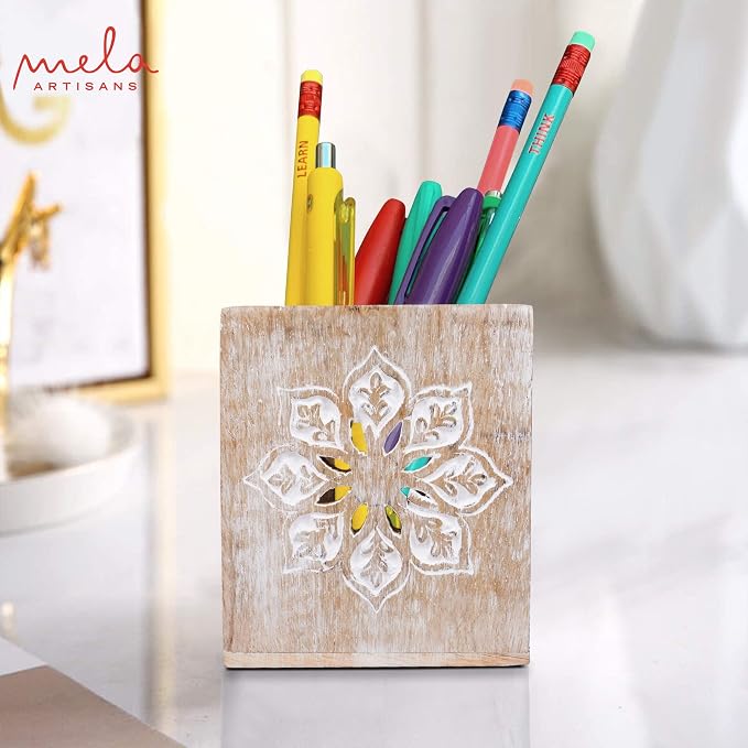Mela Artisans Serena 4" x 3.5" Whitewash Wooden Pen Holder – Mango Wood Pencil Cup for Home Desk Organization & Rustic Office Decor