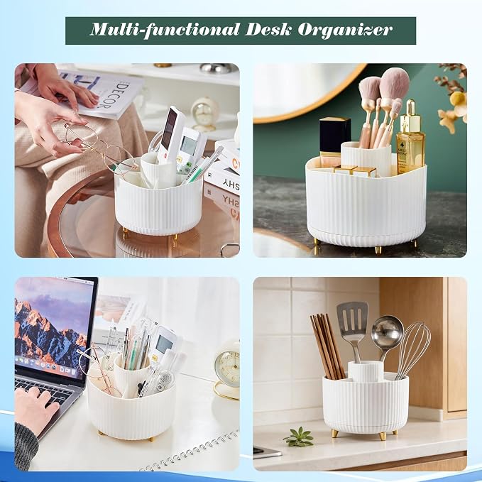 Pencil Holder with 360-degree Rotation, Desk, Office, and Home Pen Stand, Cute Pen Holder with 5 slots, Office Decor Accessory, Workspace Organizer, white
