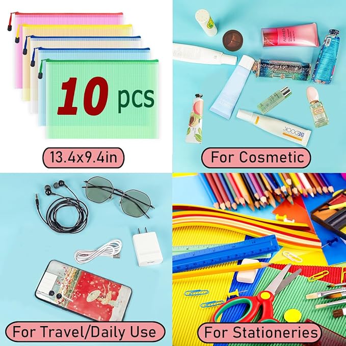 10 Pcs Zipper File Bags, Waterproof Plastic Mesh Pouch for Office School, Board Game Storage Bags (A4 Size 13.4''x9.4'', Multicolored)
