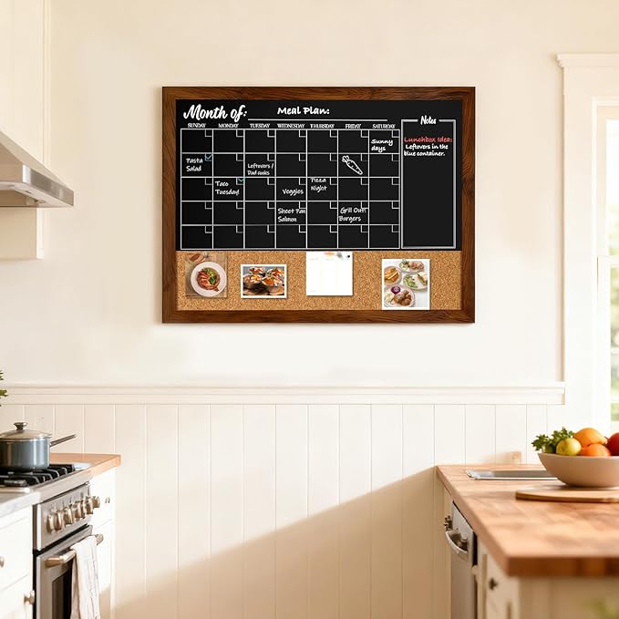 DOLLAR BOSS Chalkboard Calendar Corkboard Combo, 36" x 24" Magnetic Chalk Board Monthly Planner & Natural Cork Bulletin Rustic Wood Frame for Office Home School with 4 Markers, 8 Magnets, 10 Pins