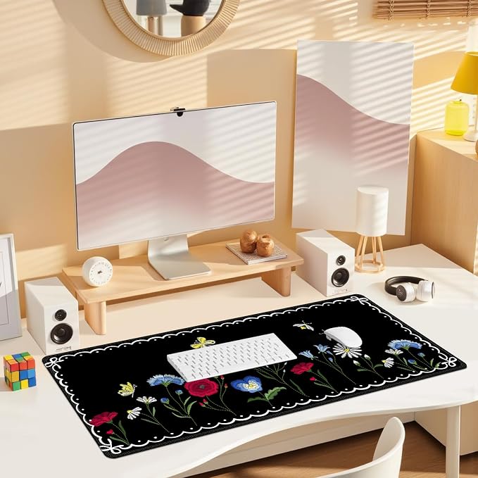 Desk Pad for Keyboard and Mouse, Large Mouse Pad for Desk, Non-Slip Keyboard Mat, Computer Mats for Desk, Desk Pad with Stitched Edges for Office, Gaming I Lovely Black Plants