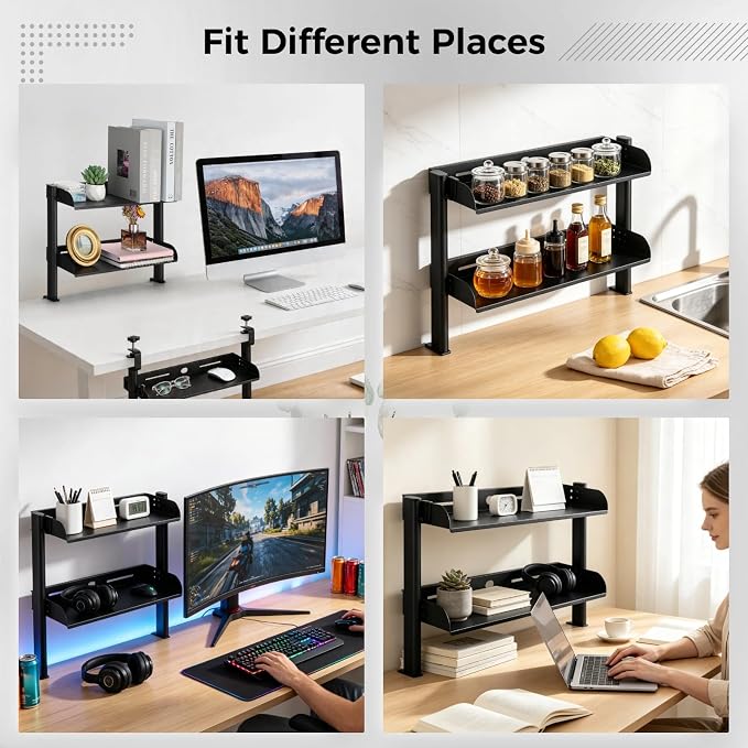 Clamp On Desk Shelf, 2-Tier Carbon Steel Storage Rack with Hooks, Adjustable Office Desk Organizer, No-Drilling C Clamp Desktop Shelf for Home, Office