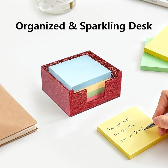 Red Sparkling Sticky Note Holder, Glitter Acrylic Organizer, 3.94 x 3.94 in Multi-Use Tray for Office, School & Home Desk