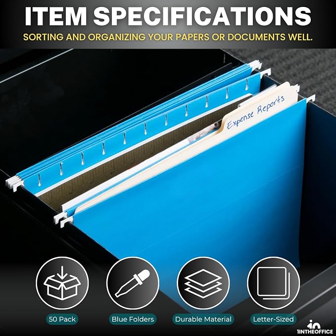 1InTheOffice Blue Hanging File Folders Letter Size, Adjustable Tabs, Letter Size File Folders Hanging, File Cabinet Dividers, 50 Pack
