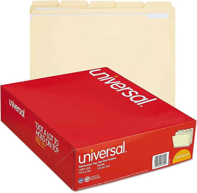 Universal 16115 File Folders, 1/5 Cut Assorted, Two-Ply Top Tab, Letter, Manila, 100/Box