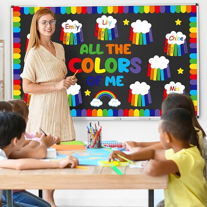 QOUBAI Rainbow Bulletin Board Set Rainbow Welcome Themed Classroom Bulletin Board Decorations Summer Cloud Star Cutouts Classroom Decorations for Back to School Office Home Chalkboard Decor Wall Door