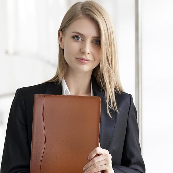 Padfolio Portfolio Binder, Leather Clipboard Folder Briefcase Loose-Leaf Binder with Cover Brown Folder with Pockets Resume Folder for Business Office Meeting Men Women's Business (A4, Brown)