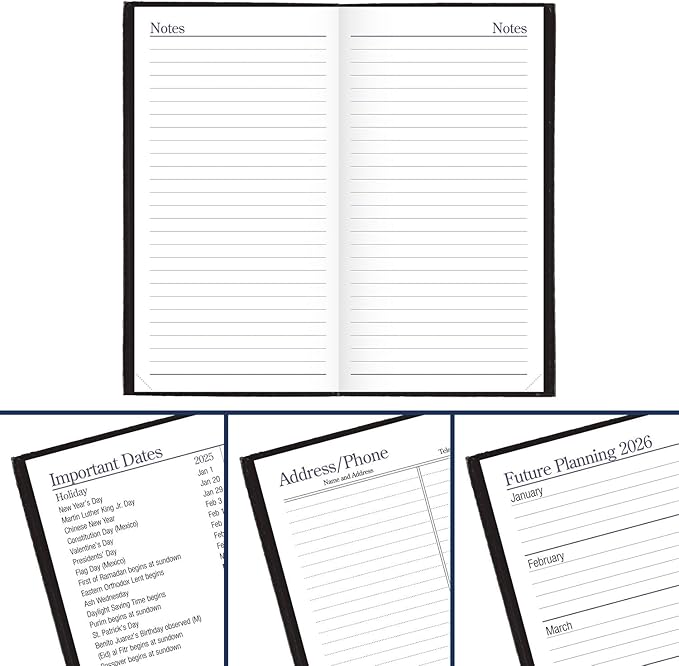 AT-A-GLANCE 2025 Fine Diary, Weekly & Monthly Diary, 3" x 6", Pocket Size, Black (72020525)