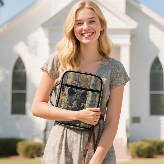 Suobstales Bear Hunting Camo Print Bible Covers for Women Men Lightweight Bible Accessories with Handle and Zippered Pocket Bible Tote Bag for Kids