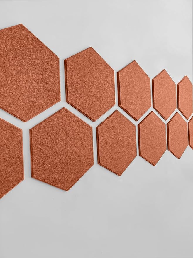 Hexagon Felt Board Tiles - 12 Packs Self Adhesive Pinboard & Acoustic Panels | Modern Office Wall Decor for Home | Sound Absorbing Bulletin Board - Dark Orange