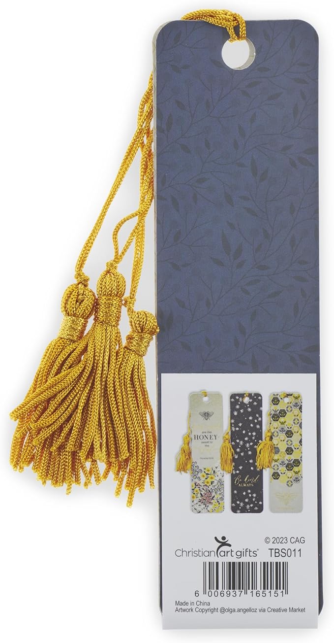 Christian Art Gifts Inspirational 3 Piece Paper Cardstock Scripture Bookmark Set for Women: Kind Words are Like Honey Bible Verse for Reading, Tassels, Bumblebees, Gold/Navy/Yellow Multicolor Floral