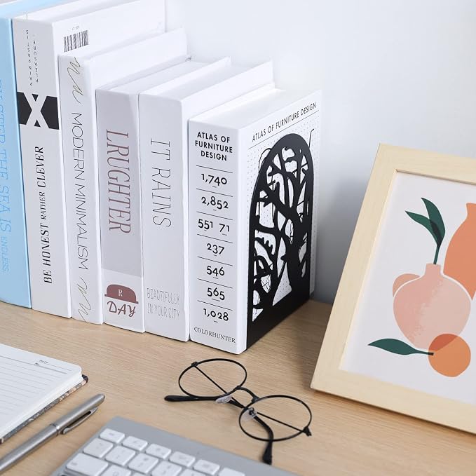 EOOUT Bookends for Shelves Decorative, 5 Pairs (10 Pack) of Tree Bookends Supports, Black Metal Book Stoppers for Heavy Books, Heavy Duty Book Ends for Home Office School.