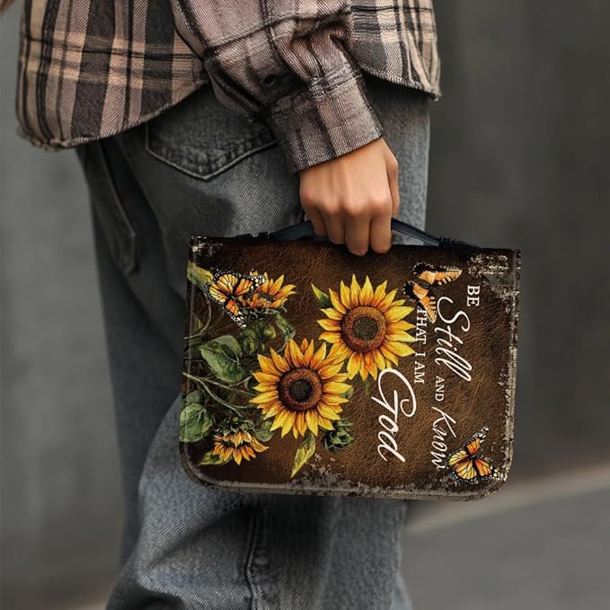 Bible Cover PU Leather Bible Case with Bookmark Sunflower Butterfly Bible Carrying Case for Women Men Christian Bible Note Books Carrying Accessories 20.5x28x5.5cm