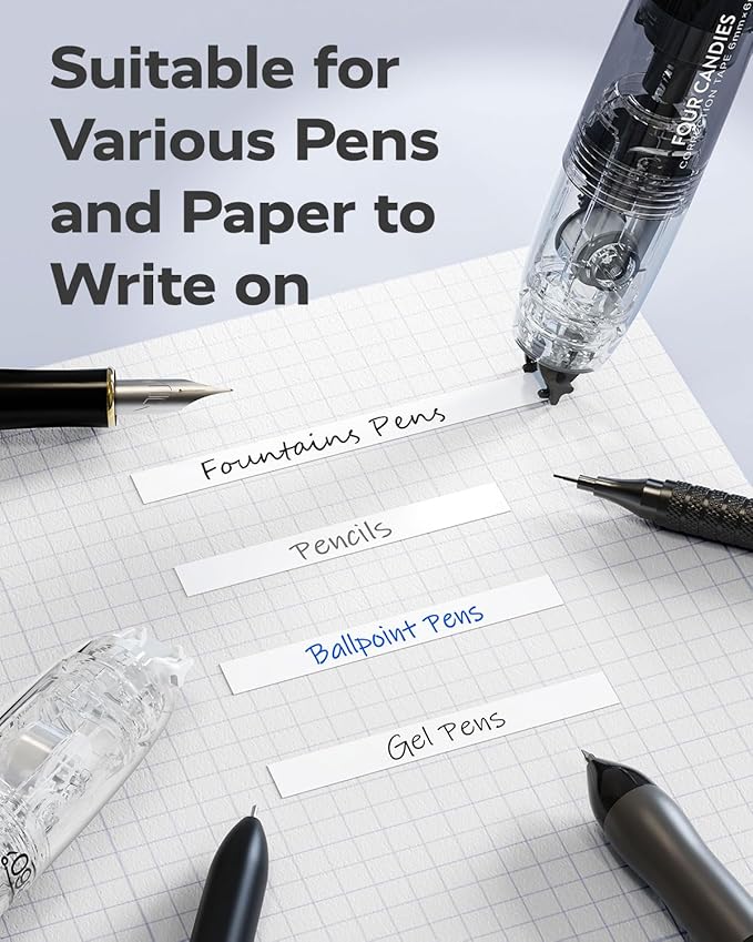 Four Candies Refillable Retractable White Correction Tape, 3PCS White Cute Smooth Push Pull Out Tape with 3 Extra Refills, Aesthetic Pen Shaped Applicator for School Office Supplies