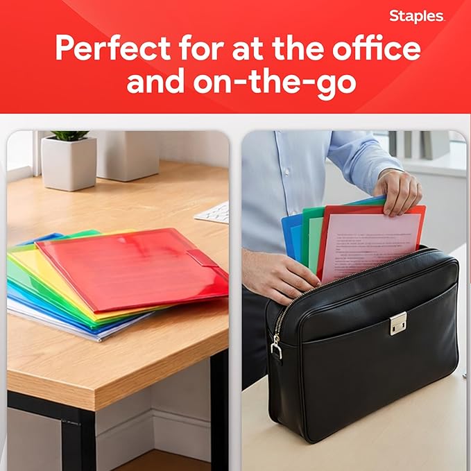 Staples Poly Project Jackets, Clear‑Front Document Sleeves, Letter Size, Durable Poly Construction, Assorted Colors – 5/Pack