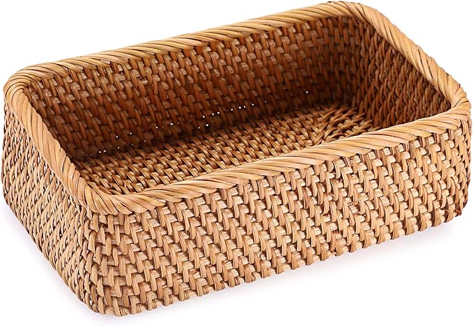 BTSKY Small Remote Basket for Coffee Table Entryway Living Room Rattan Serving Tray 9.6'' x 6.5'' Handwoven Wicker Baskets Decorative Tray for Wallet Remote Control Trinkets Rings Cosmetics Crackers