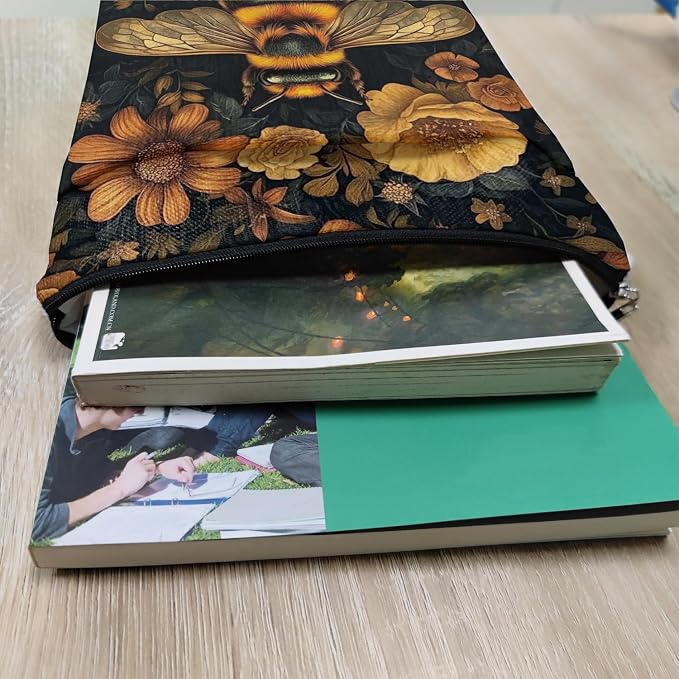 Vintage Flower Bee William Morris Book Sleeve for Book Lovers, Bookish Book Protector with Zipper, Washable Fabric Book Cover for Paperbacks & Hardcovers,11.4 x 9.1Inches (Black-Bees, Medium)