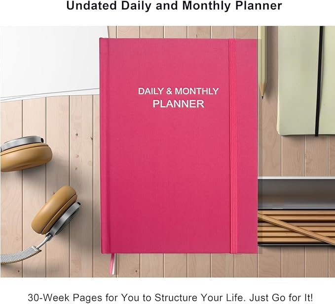 Daily & Monthly Planner for 2026 or Anytime - ADHD Planner Two Pages Per Day, Daily Planner Undated to Increase Focus, Eliminate Overwhelm, Achieve Your Biggest Goals, 8.5'' × 11'', Pink