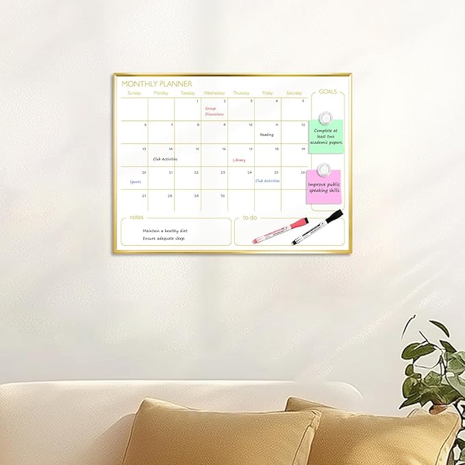 Dry Erase Calendar Whiteboard for Wall, 24'' x 18'' Monthly White Board Planner with Gold Frame, Magnetic Hanging Wipe Board for Home Office School Dorm