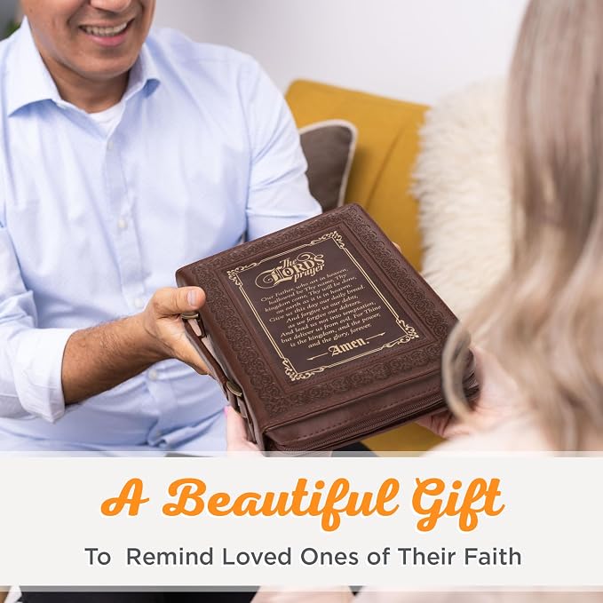 Christian Art Gifts Classic Bible & Book Cover for Men & Women: The Lord's Prayer - Matthew 6:9-13 Inspirational Scripture Carry Case Accessory with Pockets, Walnut Brown & Burgundy with Gold, Medium