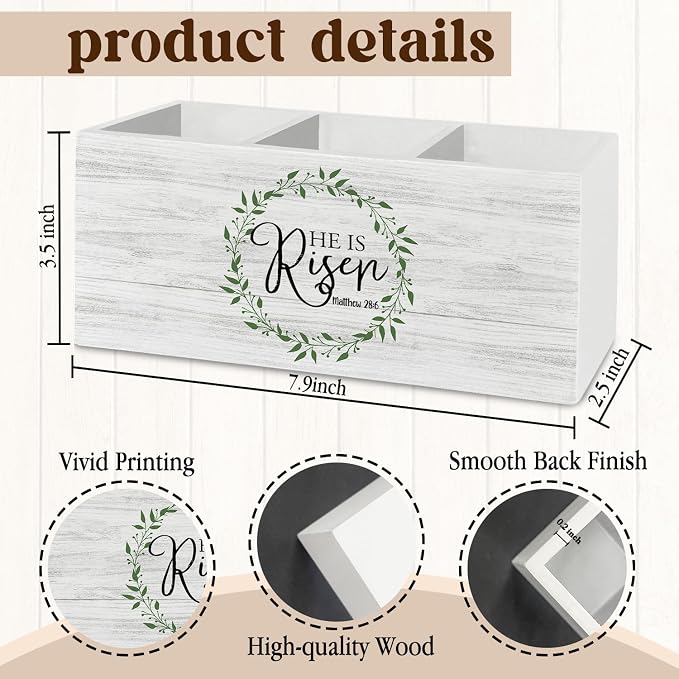 Easter Christian Pen Pencil Holder Organizer for Desk Accessories, He Is Risen Bible Verse Wooden Box Sign Desk Decor for Home Office Decoration, Religious Easter Decor