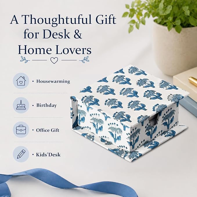 CPC Apatite Blue Block Print Cotton Desk Organizer Sticky Note Holder, 4'' X 4'' X 2'' Cute, Aesthetic, Decor Accessories, Workspace Organizers, Caddy Storage, Gift for Office, Professionals, Student