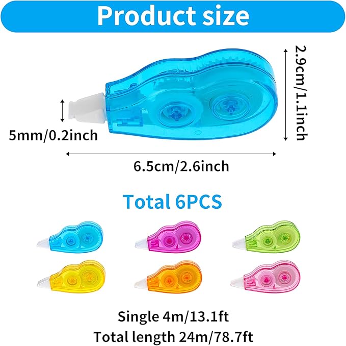 6 Pieces Correction Tape - White Out Correction Tape with No Drying Time, Easy To Use Applicator for Instant Corrections, Writing Tape for School Supplies, Office, 1/5 x 158 inch
