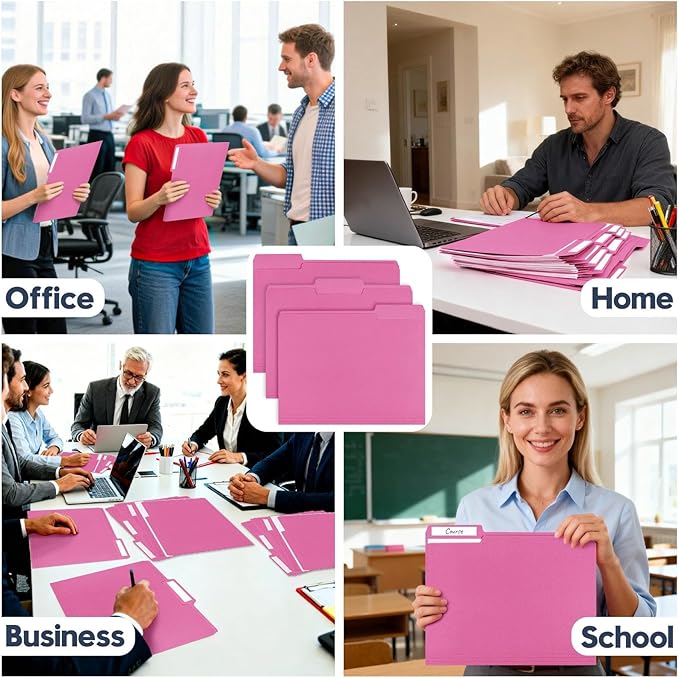File Folders,150 Pack Letter Size Colored File Folders,8.5" x 11",1/3 Cut Tab Folder,Bulk Durable Paper Folders with Blank Labels for Office Business School Home Use,Bright Pink