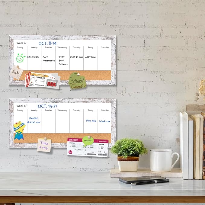 Magnetic Weekly Dry Erase White Board and Cork Board, White Wood Frame,Magnetic Surface Whiteboard for Home Office and Wall Decor(ZHZL-2040WH)