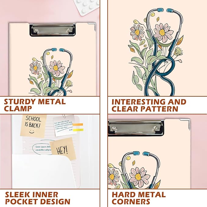 Lacama Nurse Clipboard GIFS for Women, Vintage Nursing School Office Supplies, Floral Stethoscope Project Folders with Metal Clip GIFS for Office Classroom Desk, 12.4x9.25 in