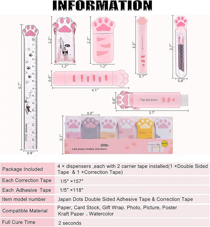 Cute School Supplies,Stationary Gift Set, Japanese Stationery Birthday GIFS, Includes Pencil Sharpener,Eraser, Correction Tape, Ruler, Mini Scissors,Utility Knife, for Office School Supplies (Pink)