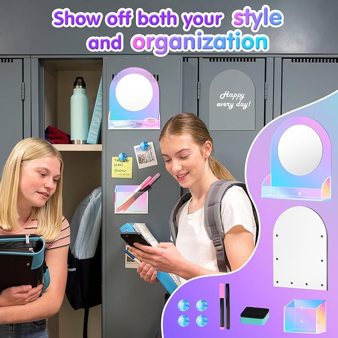 MoKo Locker Accessories Set, Back to School Supplies College Essentials Includes Magnetic Acrylic Board, Locker Mirror, Markers Holder, Marker Pens and Locker Magnets, Colorful