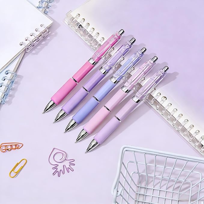 Temiary 5 Pcs Retractable Gel Pens, 0.5 mm Black Ink Fine Point Quick Dry Gel Ink Pen, Aesthetic Smooth Writing for School Office Journaling Note Taking and Sketching (Purple)