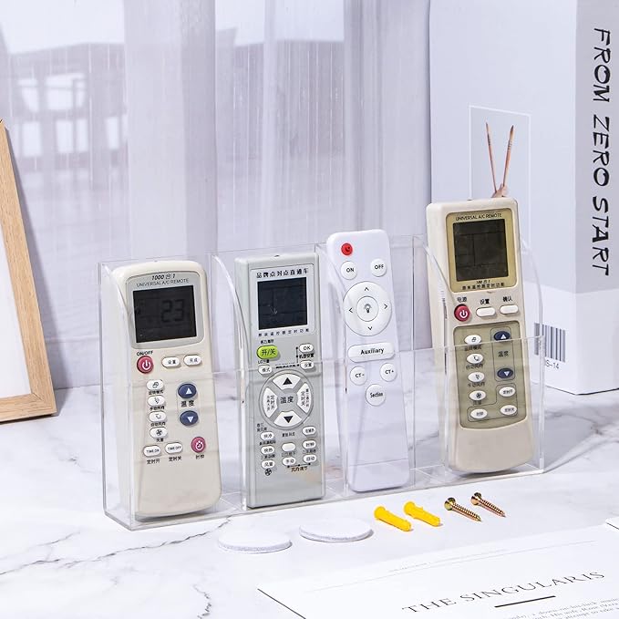 Yeeco Acrylic Remote Holder Wall Mount - 4 Compartment, Clear Acrylic Remote Control Holder, 10.4''1.6''5.6'' Wall Pen Holder, Pen & Makeup Key Organizer