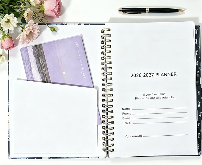 2026-2027 Planner, 12 Months Monthly & Weekly Daily Planner July 2026 - June 2027, 8.5" x 6.2" Hardcover Agenda Organizer with Tabs, Spiral Bound Calendar Notebook for School Work Home, Floral Design (Green & Stars)