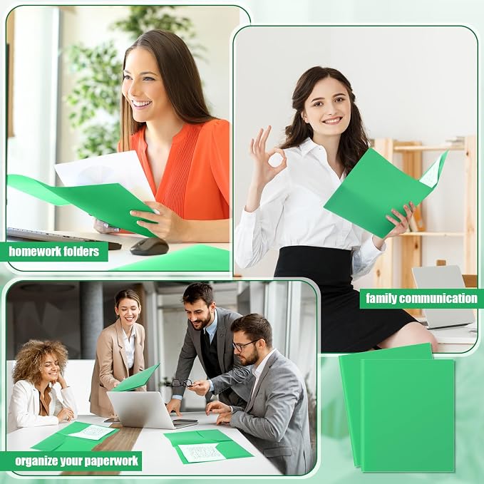 Gueevin 72 Pack Plastic Folder with Pockets, 2 Pocket Folders, Plastic Glossy Folders Fit Letter Size Paper, Heavy Duty Durable File Folder with Business Card for Home Office School (Green)